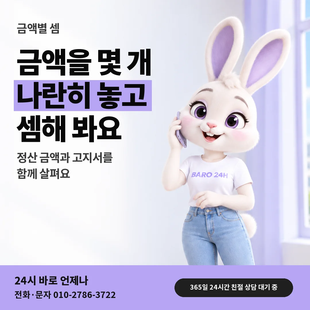 휴대폰을 보며 웃는 BARO 24H 티셔츠를 입은 3D 토끼 캐릭터 옆에 「LG 진행 금액별 정산 셈」 제목을 얹은 안내 카드