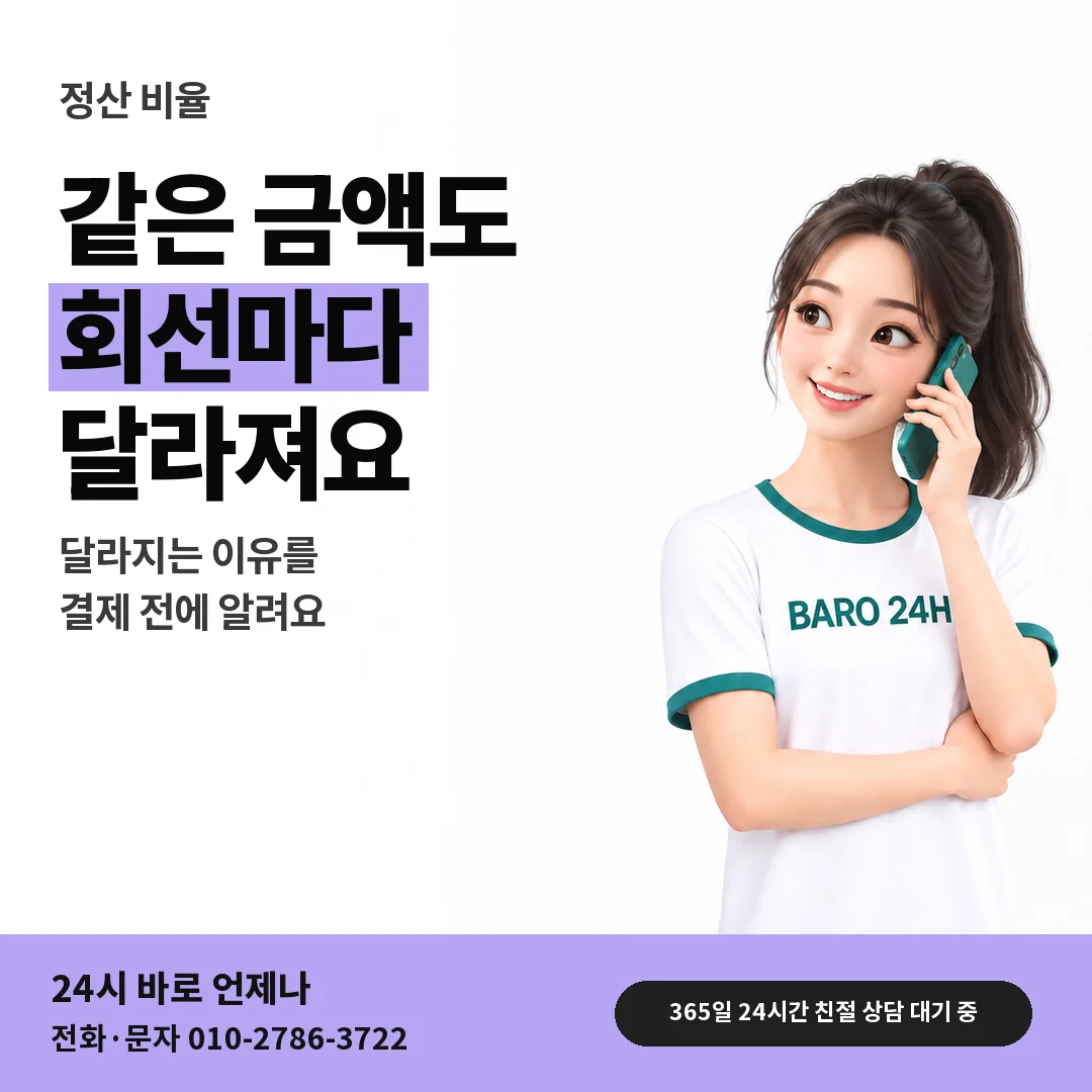 BARO 24H 티셔츠를 입은 3D 인물 옆에 「LG 정산 비율이 달라지는 사정」 제목을 얹은 안내 카드